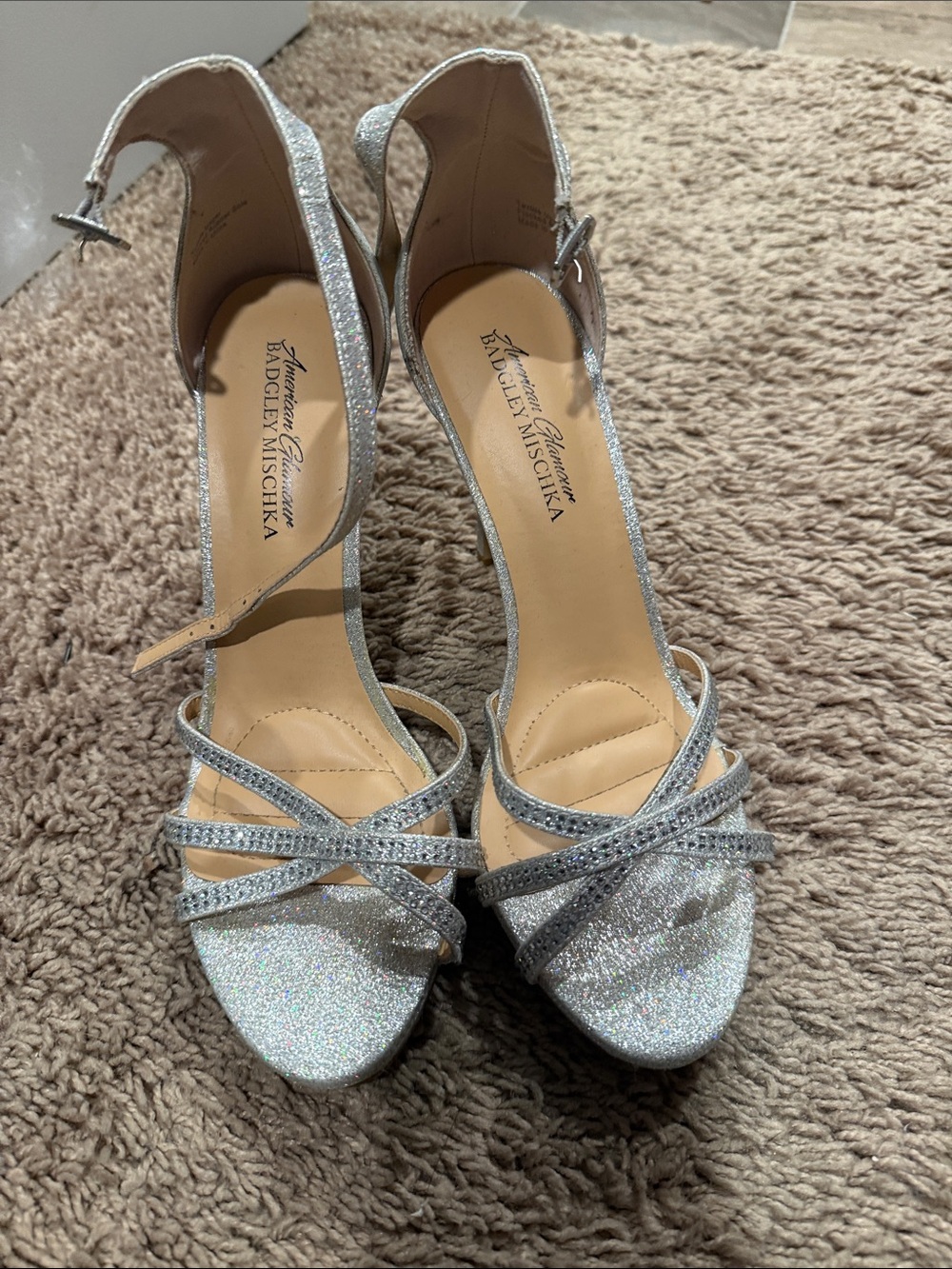 Badgley Mischka Silver Glitter Strappy Open-Toe Heels
